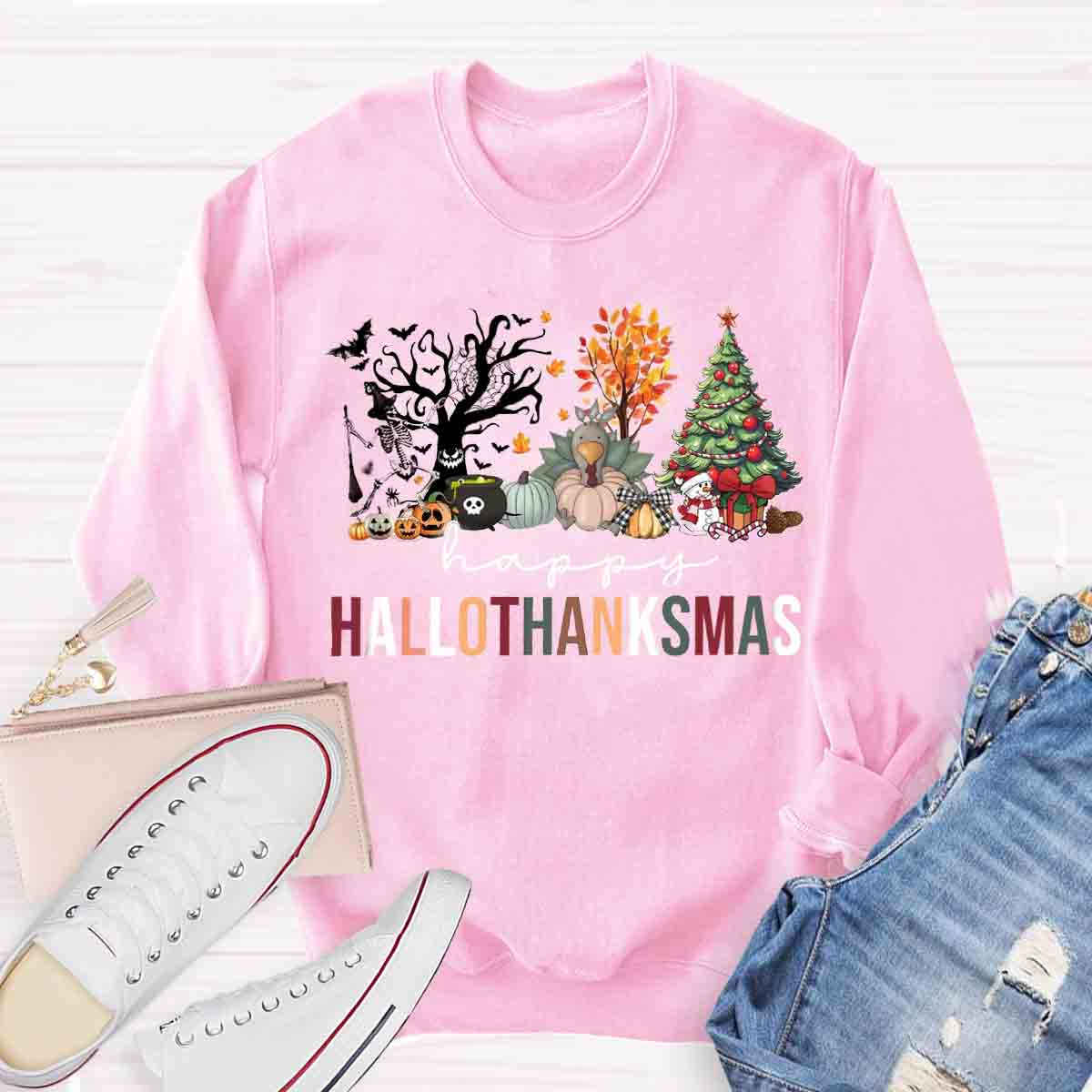 Happy Hallothanksmas Halloween Fall and Christmas Sweatshirt