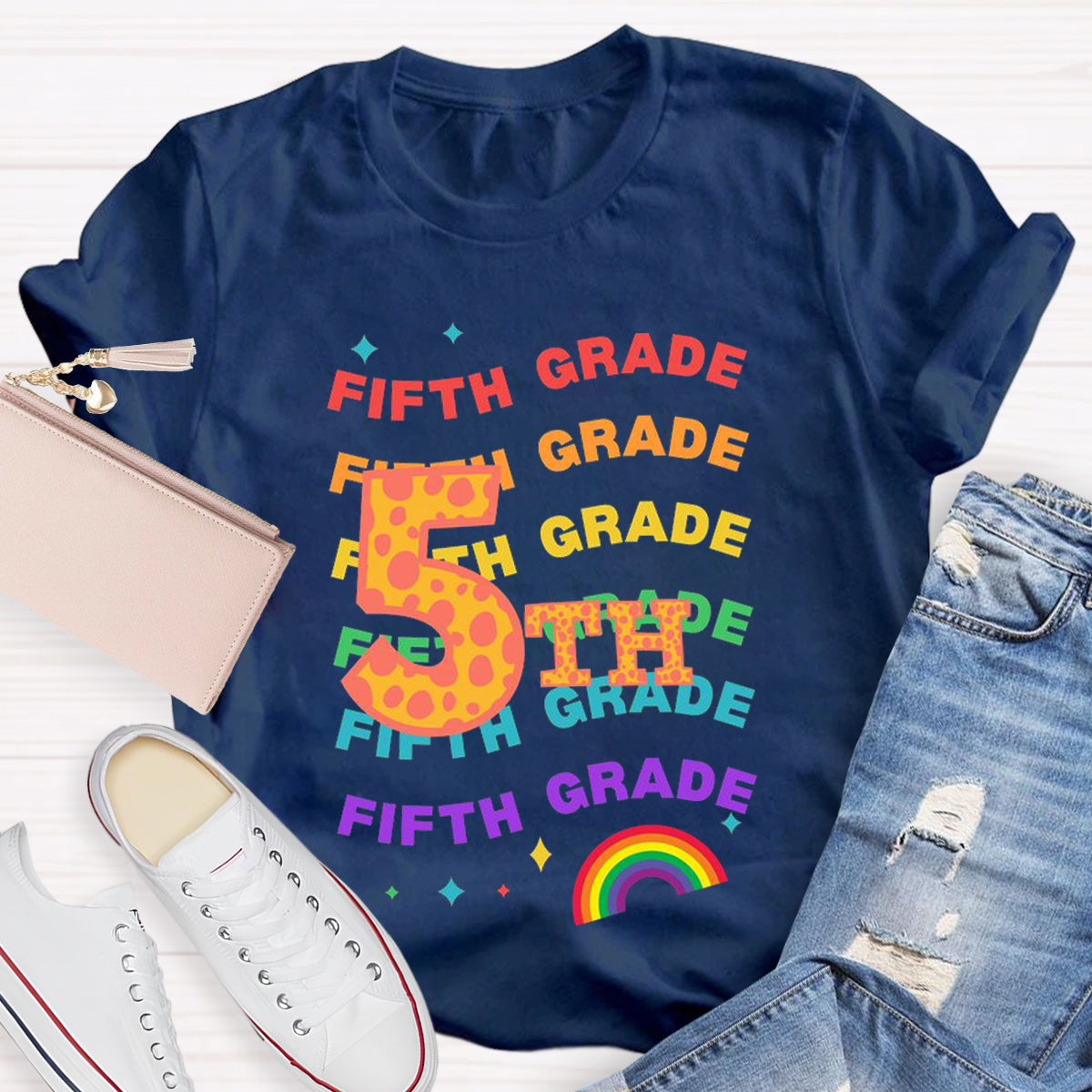 Personalized Grade Rainbow Teacher T-Shirt