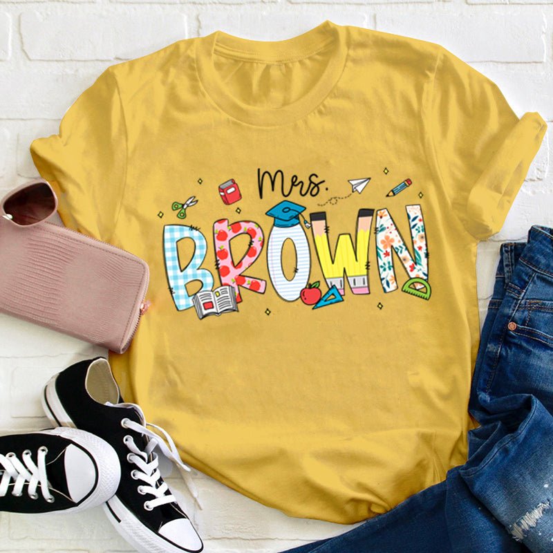 Personalized Name Cartoon Stationery Teacher T-Shirt