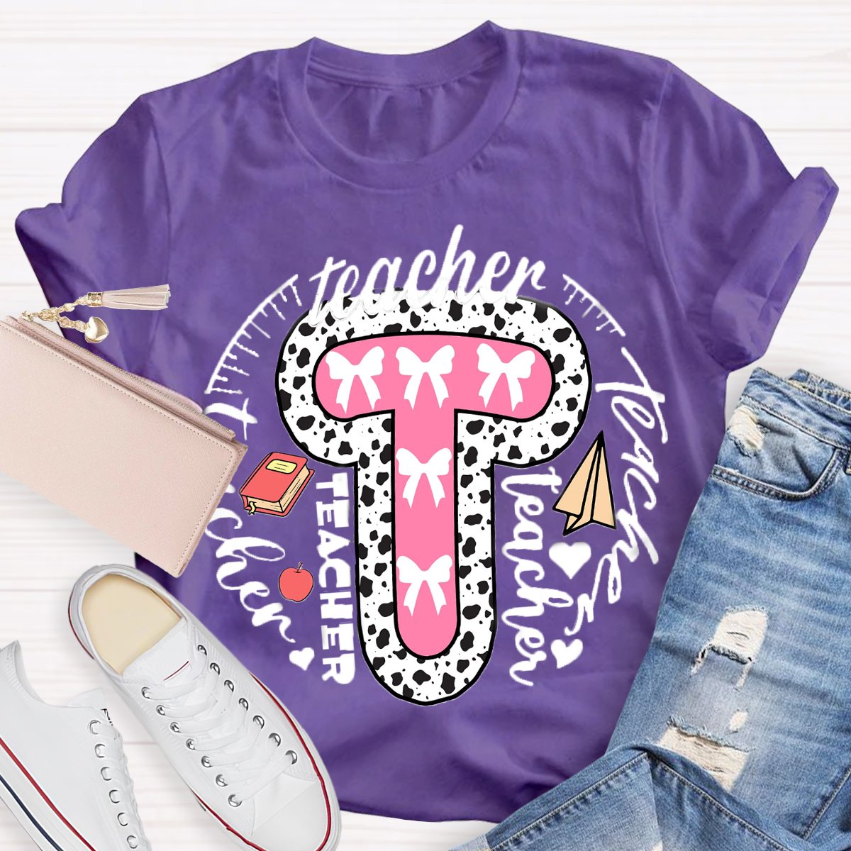 Teacher Typography Bow Print T-Shirt