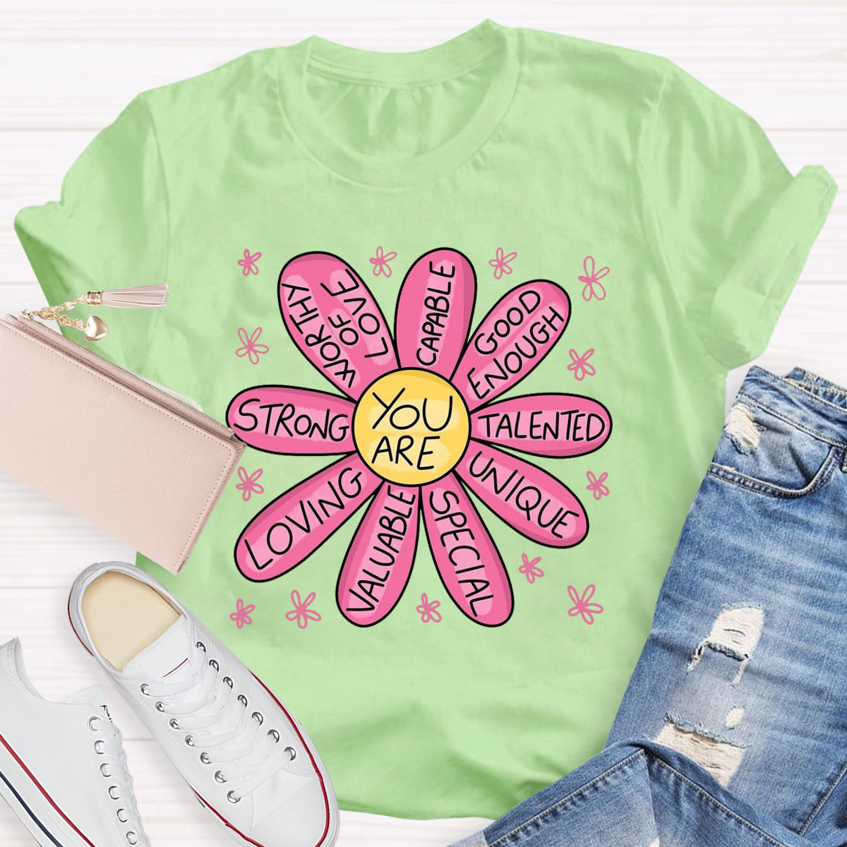 You Are Strong Loving Pink Floral Teacher T-Shirt