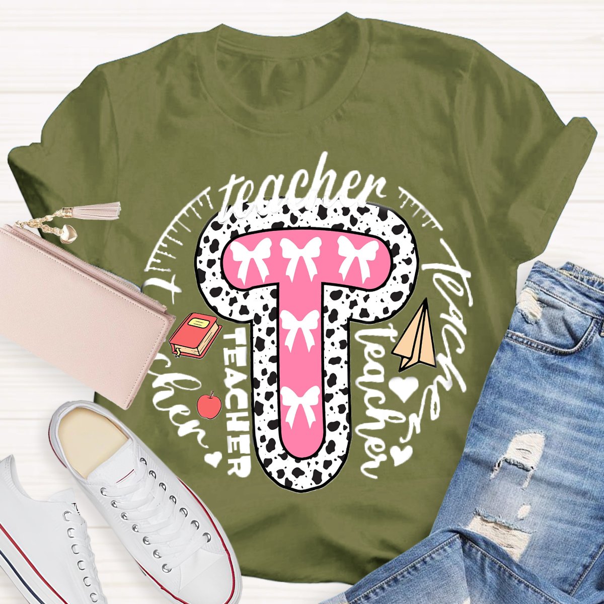 Teacher Typography Bow Print T-Shirt