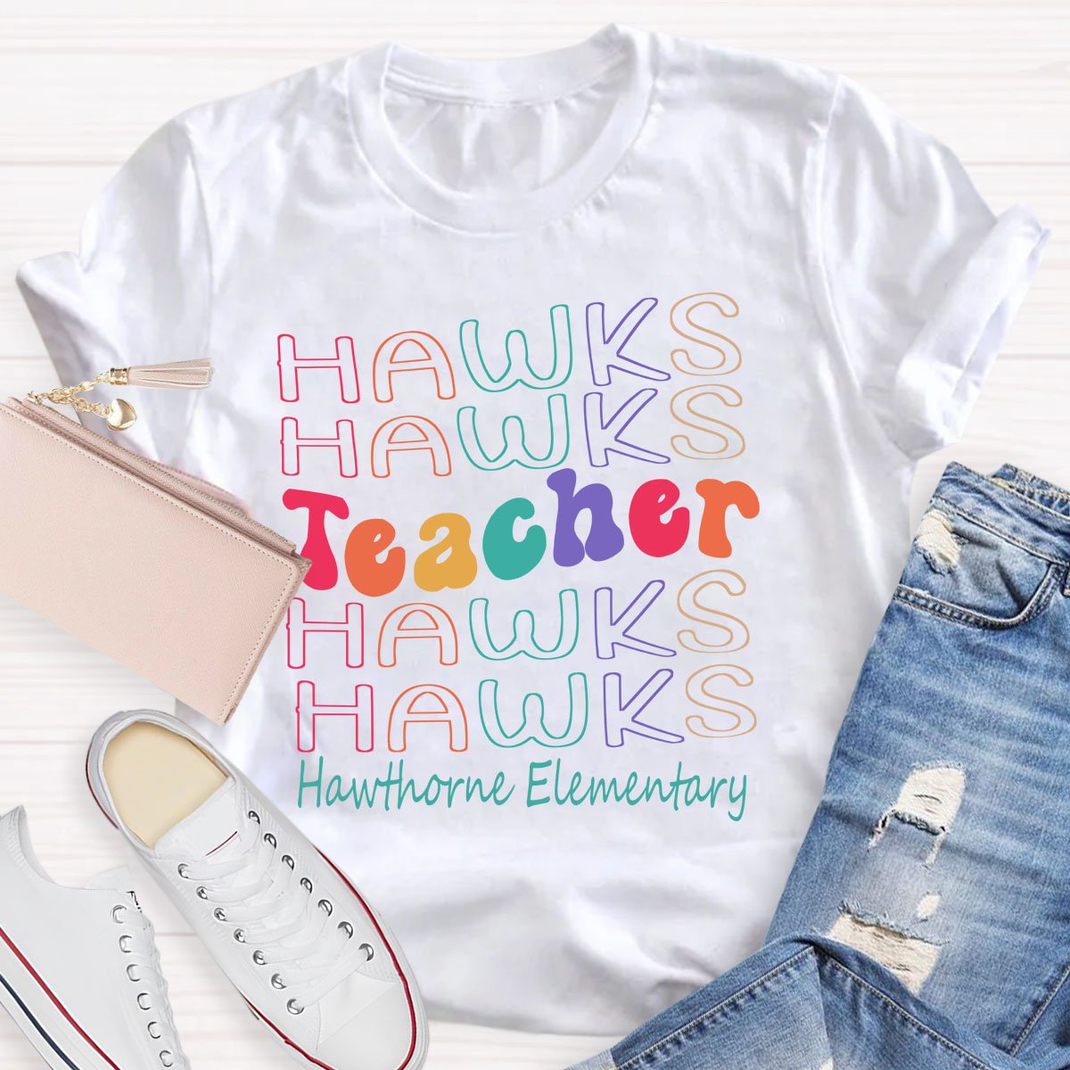 Personalized Mascot Colored Letters Teacher T-Shirt