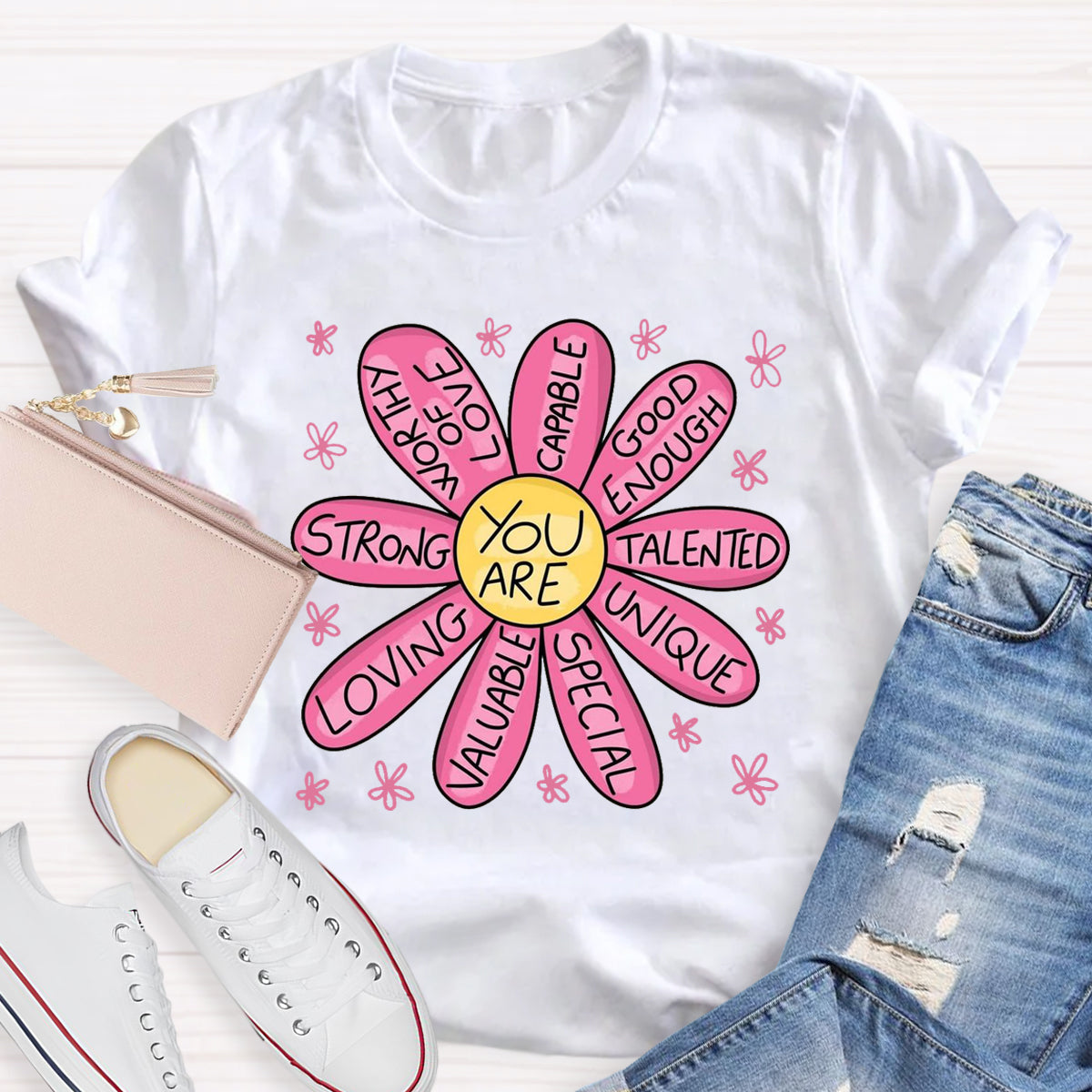 You Are Strong Loving Pink Floral Teacher T-Shirt