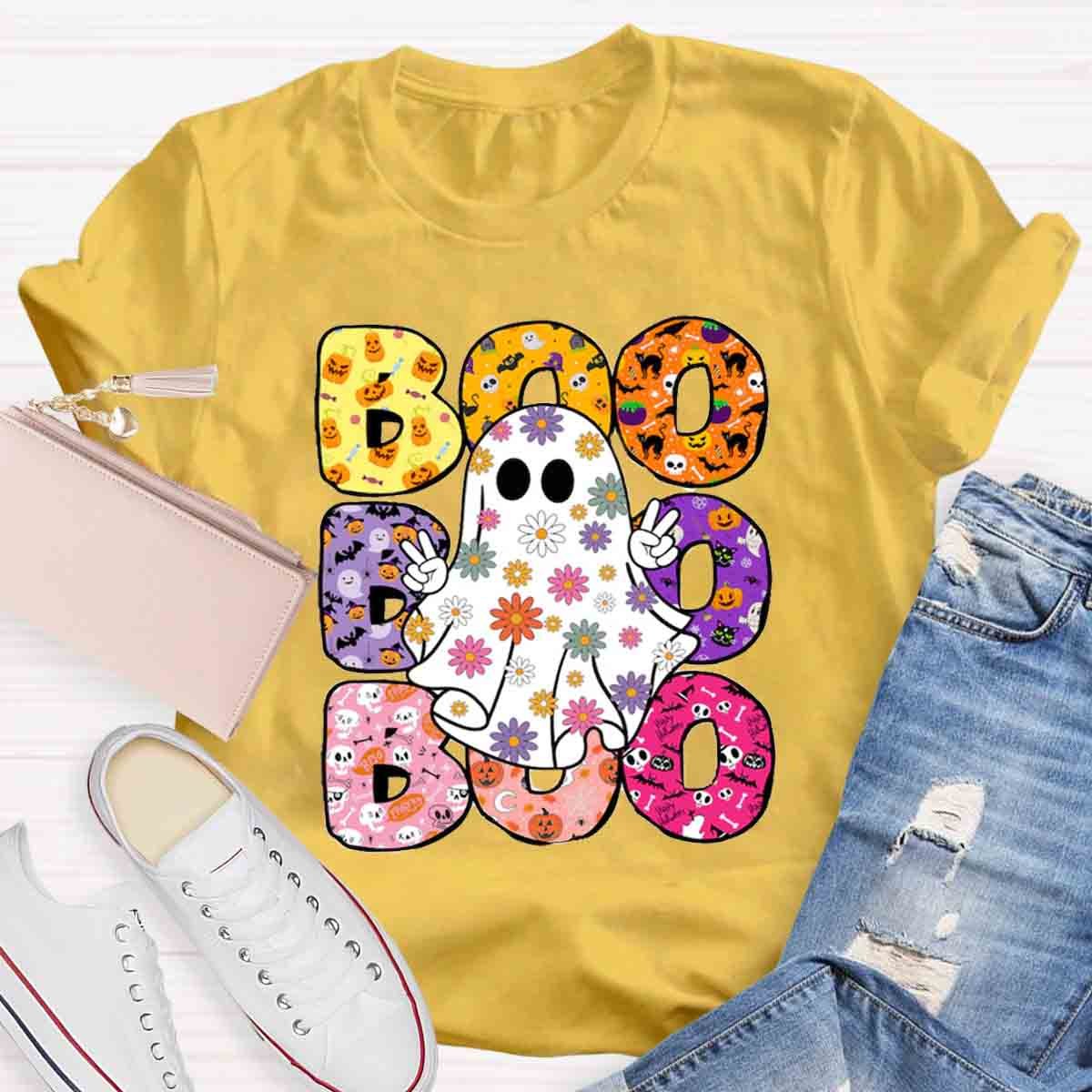 BOO Floral Ghost Print Halloween T-Shirt