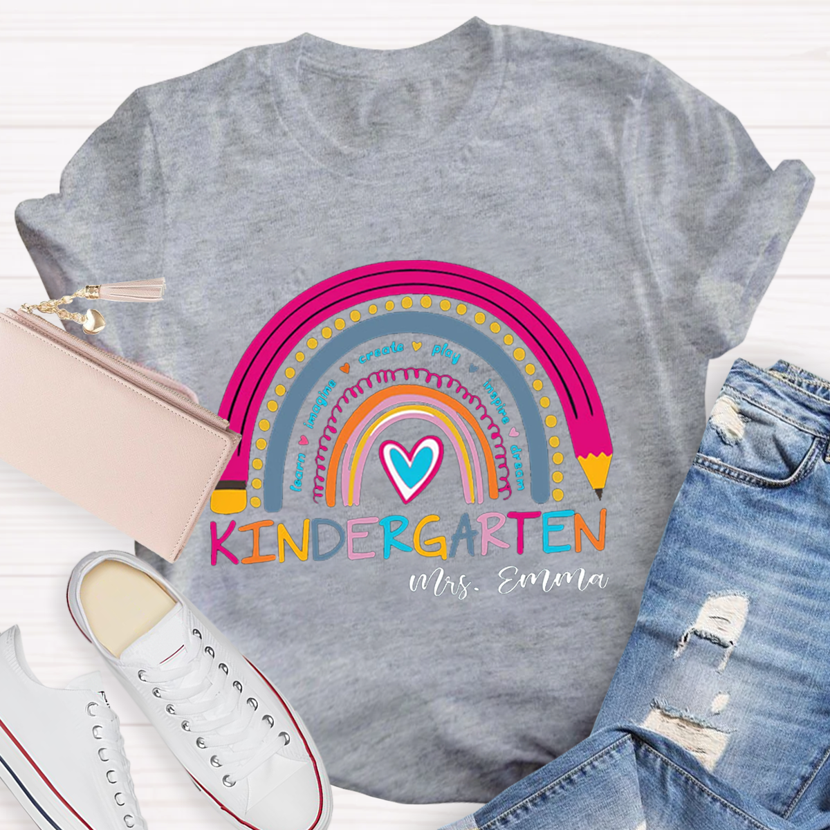 Personalized Name And Grade Rainbow Teacher T-Shirt