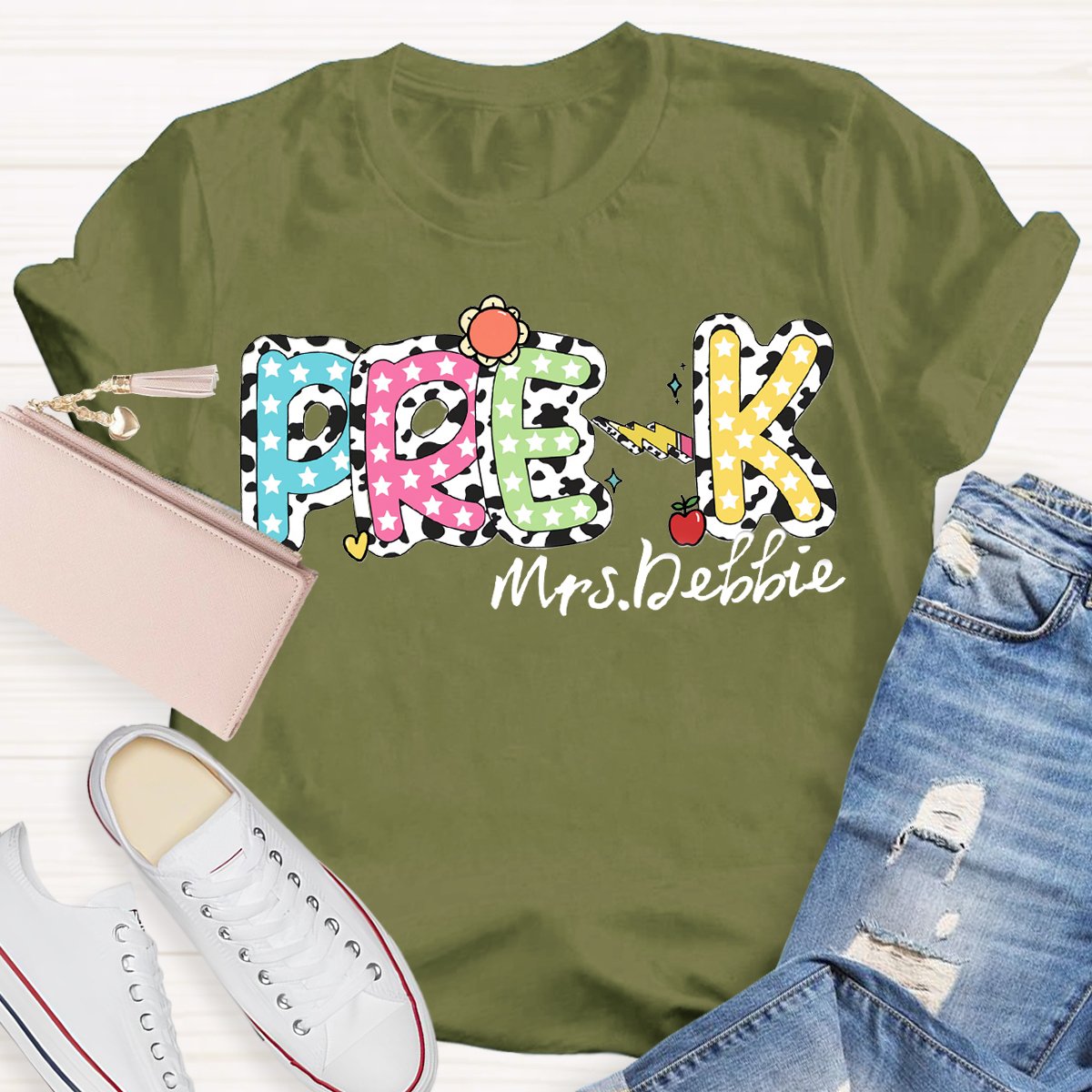 Personalized Name red Apple Pre-k TeachersT-Shirt