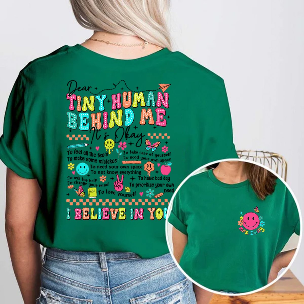 Personalized Tiny Humans Behind Me Double-Sided Teacher Shirt