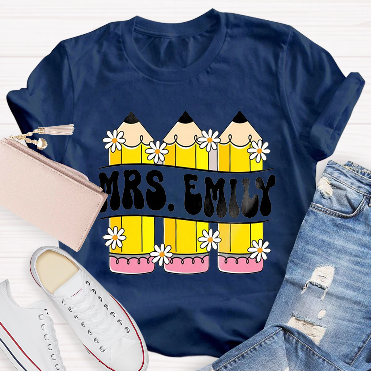 Personalized Your name Retro Teacher Pencil T-Shirt