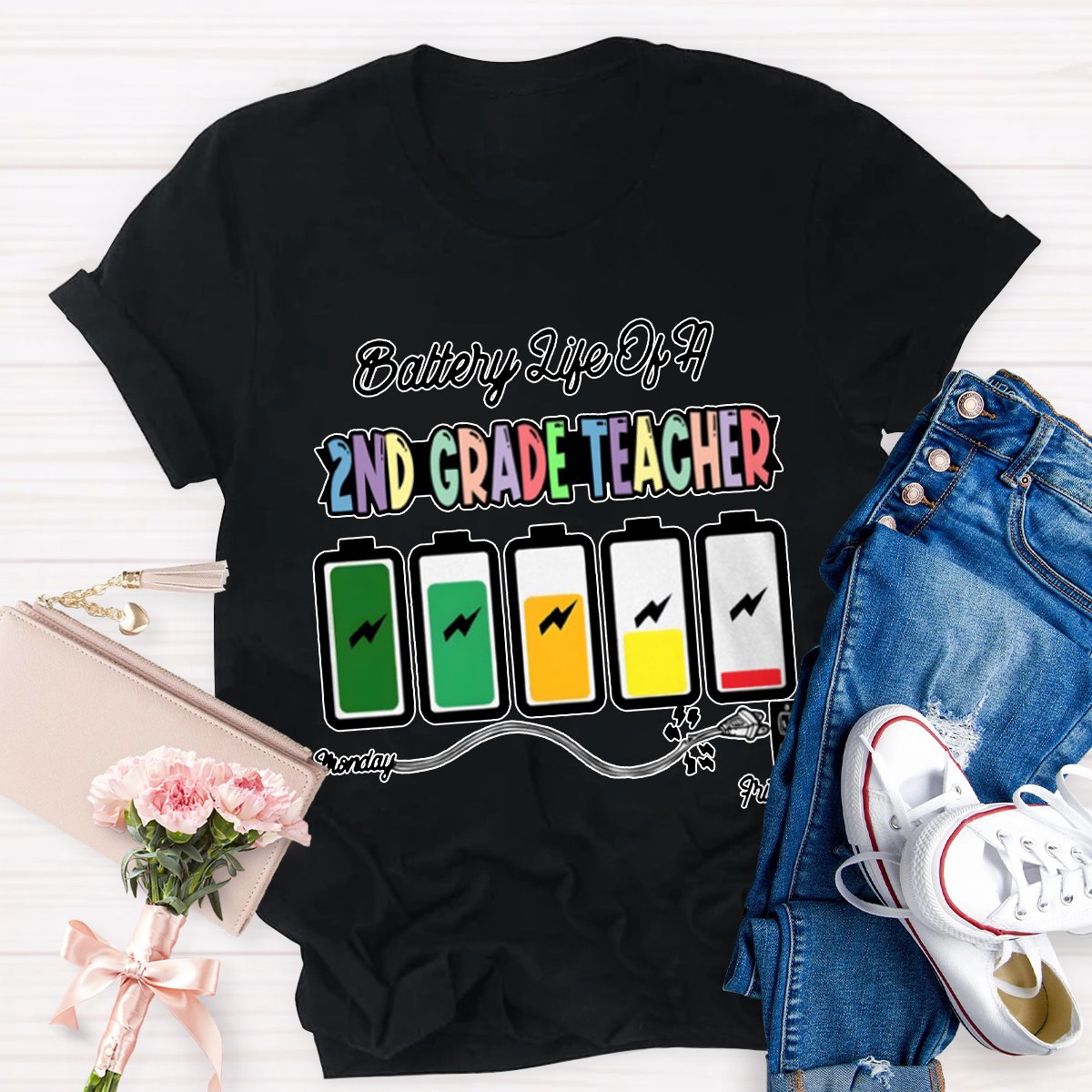 Personalized Battery Life Of A 2nd Grade Teacher Shirt