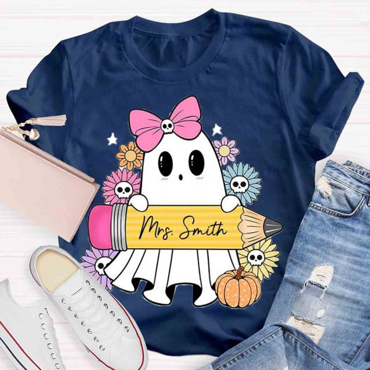 Personalized Name Halloween Teacher Coquette Ghost Shirt