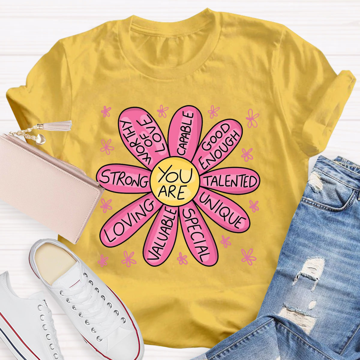 You Are Strong Loving Pink Floral Teacher T-Shirt