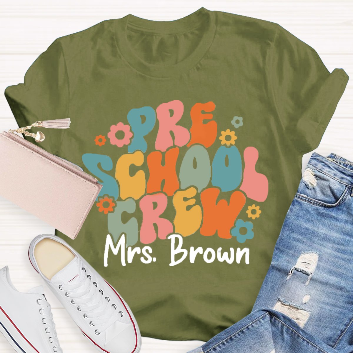 Personalized Name Preschool Teacher Crew T-Shirt