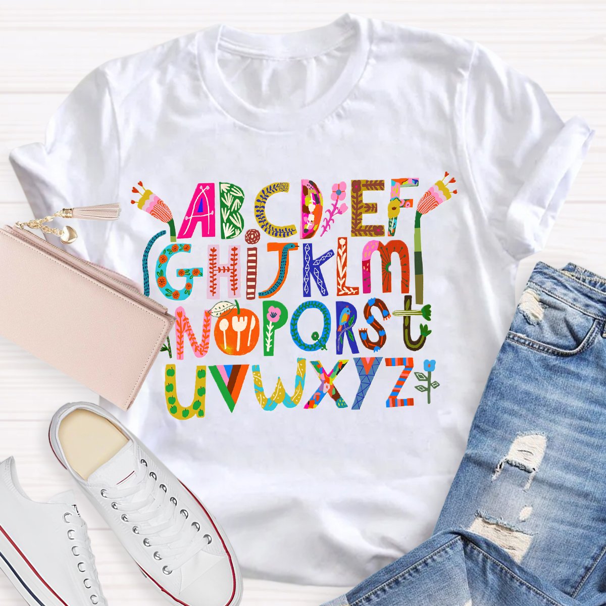 Artistic Design Cute Alphabet Print Teacher T-Shirt