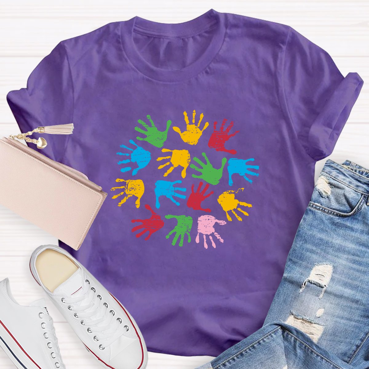 Colored Handprints Autism Awareness Teacher T-shirt