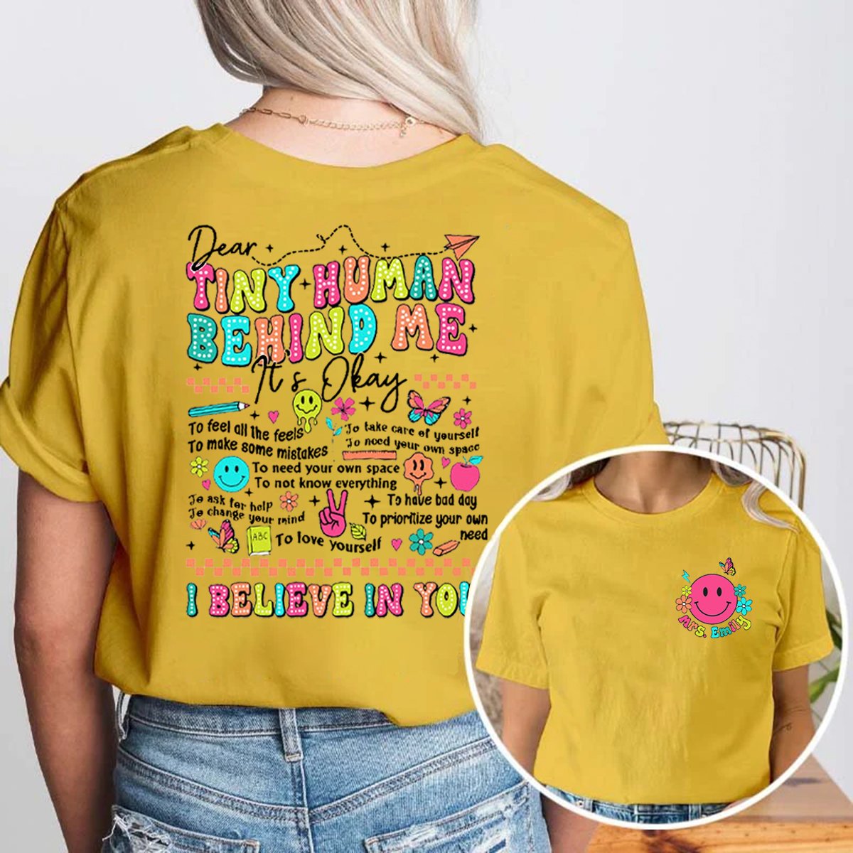 Personalized Tiny Humans Behind Me Double-Sided Teacher Shirt