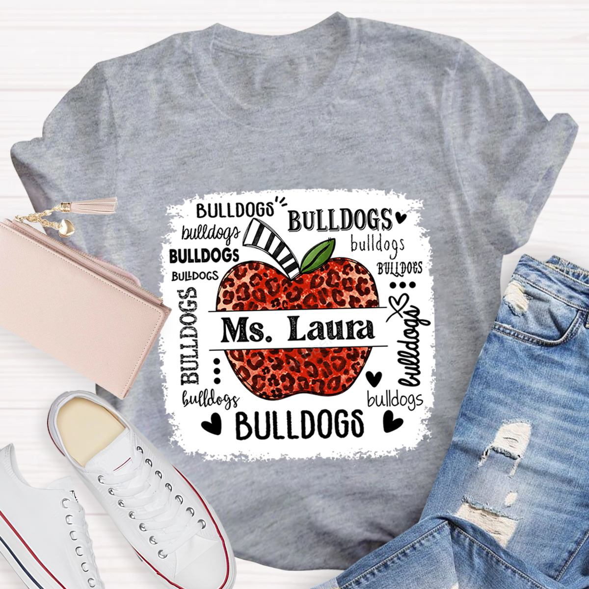 Personalized School Mascot Leopard Apple Teacher T-Shirt