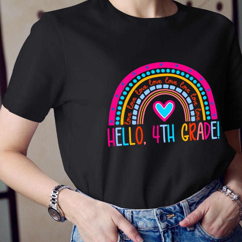 Personalized Grade Pink Rainbow Hello Love Teacher T-Shirt