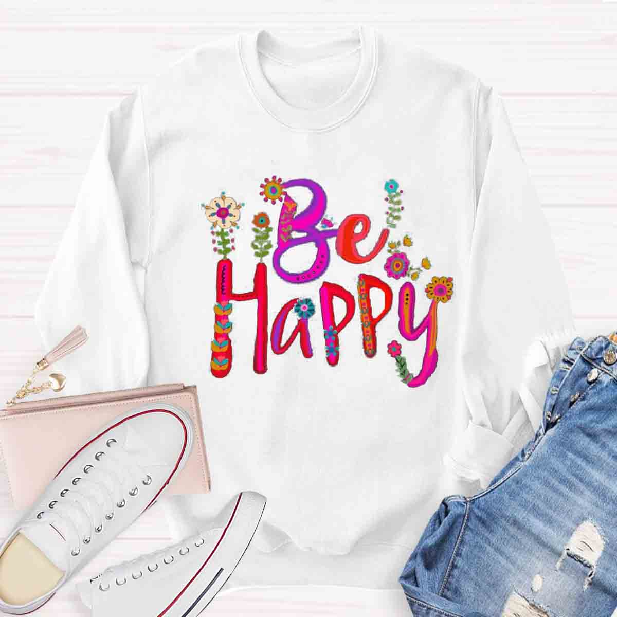 Be Happy Art Floral Sweatshirt