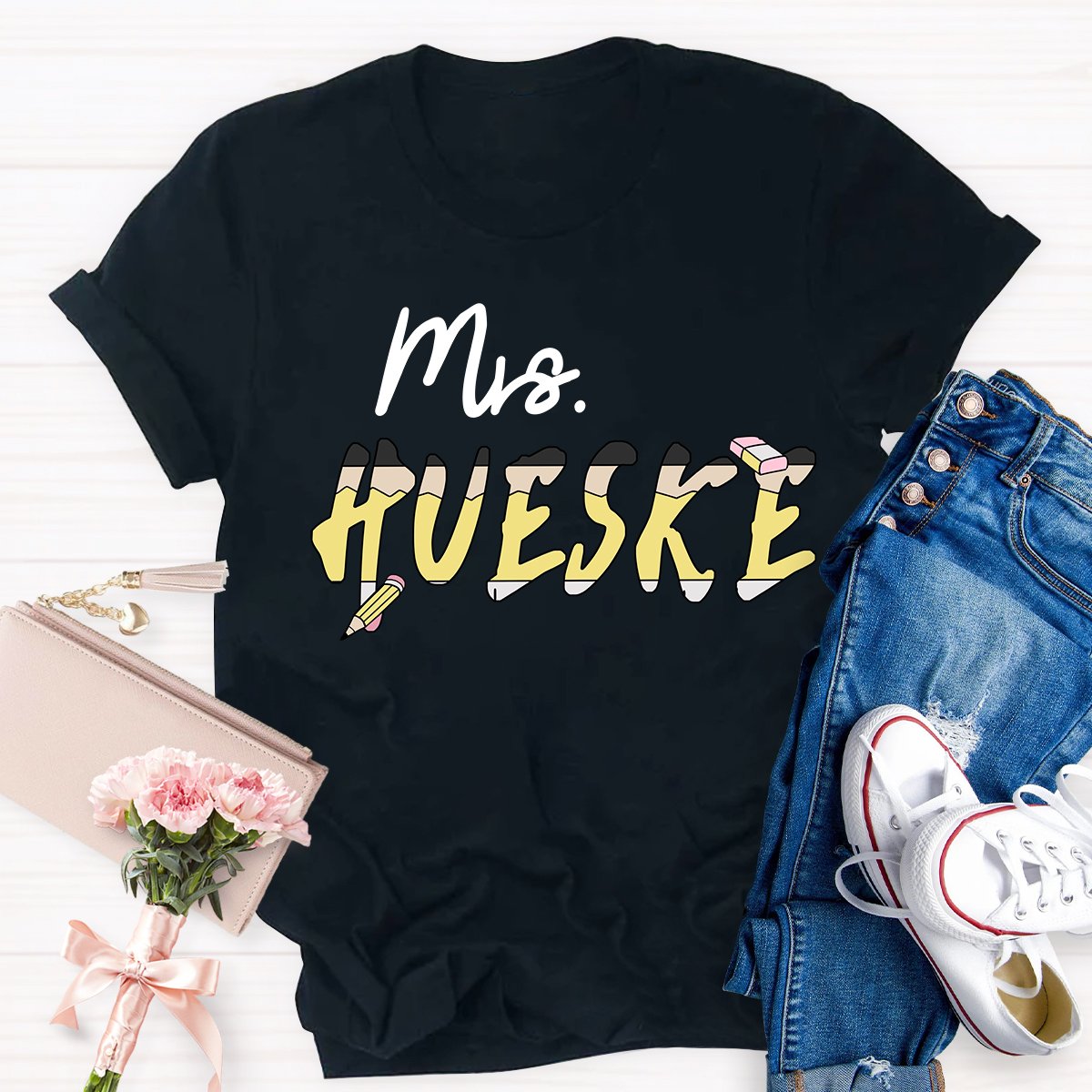 Personalized Teachers Name Pencil And Eraser Printed Teacher T-Shirt