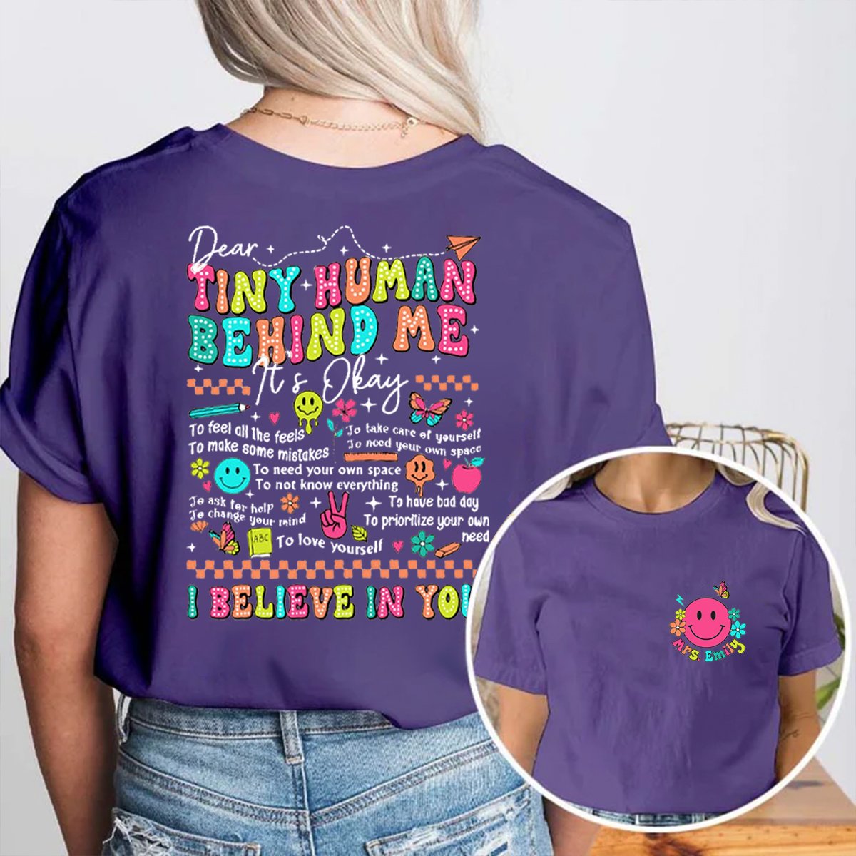 Personalized Tiny Humans Behind Me Double-Sided Teacher Shirt