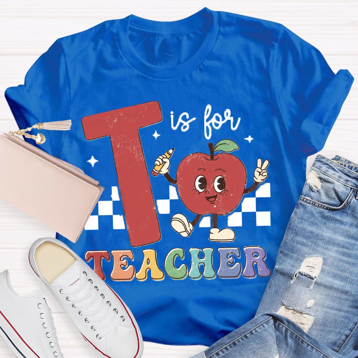 T is for teacher Apple Pencil Printed Back to school T-shirt