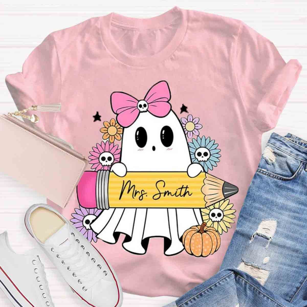 Personalized Name Halloween Teacher Coquette Ghost Shirt