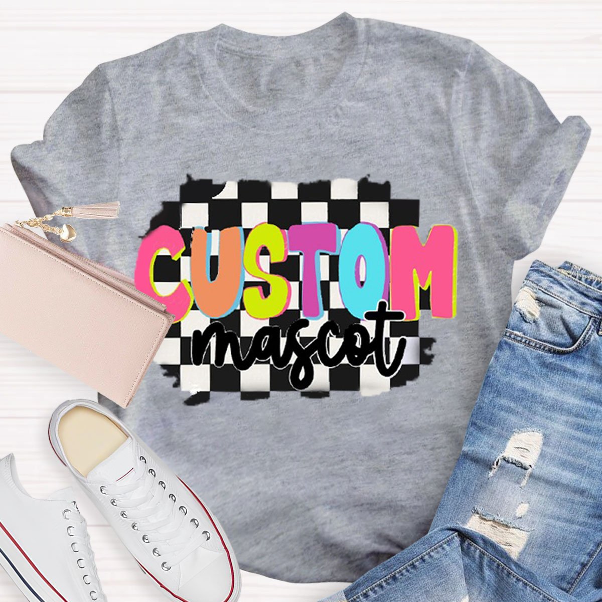 Personalized  Your Mascot Black And White Checkerboard Teacher T-Shirt