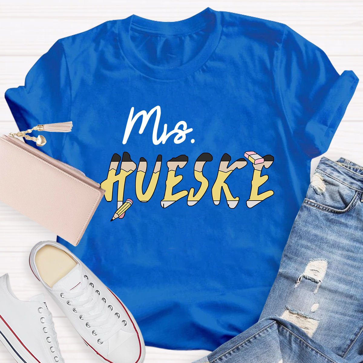 Personalized Teachers Name Pencil And Eraser Printed Teacher T-Shirt