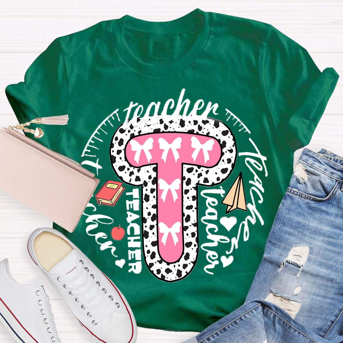 Teacher Typography Bow Print T-Shirt