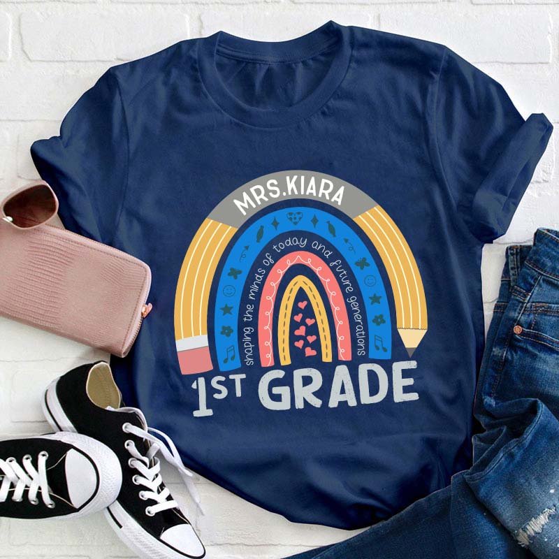 Personalized Name And Grade Pencil Rainbow Teacher T-Shirt