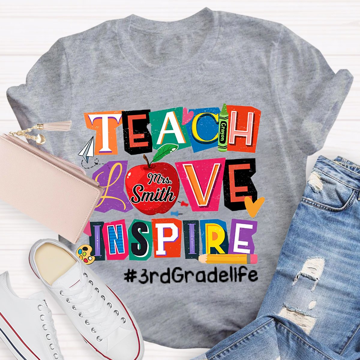 Personalized Name And Grade Teach Love Inspire Teacher T-Shirt