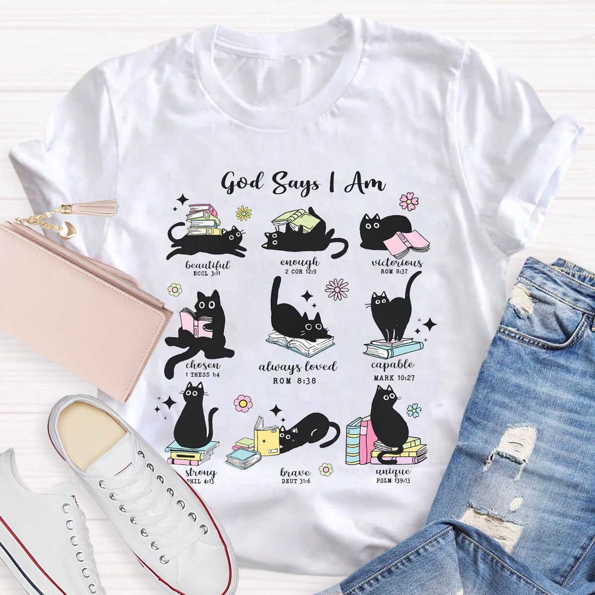 Cute Cat God Says I Am Teacher Cats and Books T-Shirt