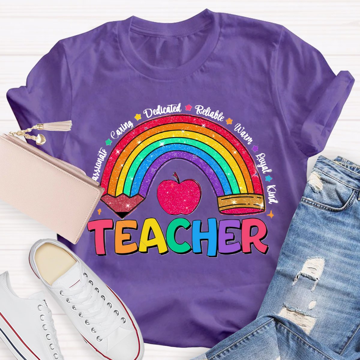 Glitter Teacher Rainbow Pencil Back To School T-Shirt