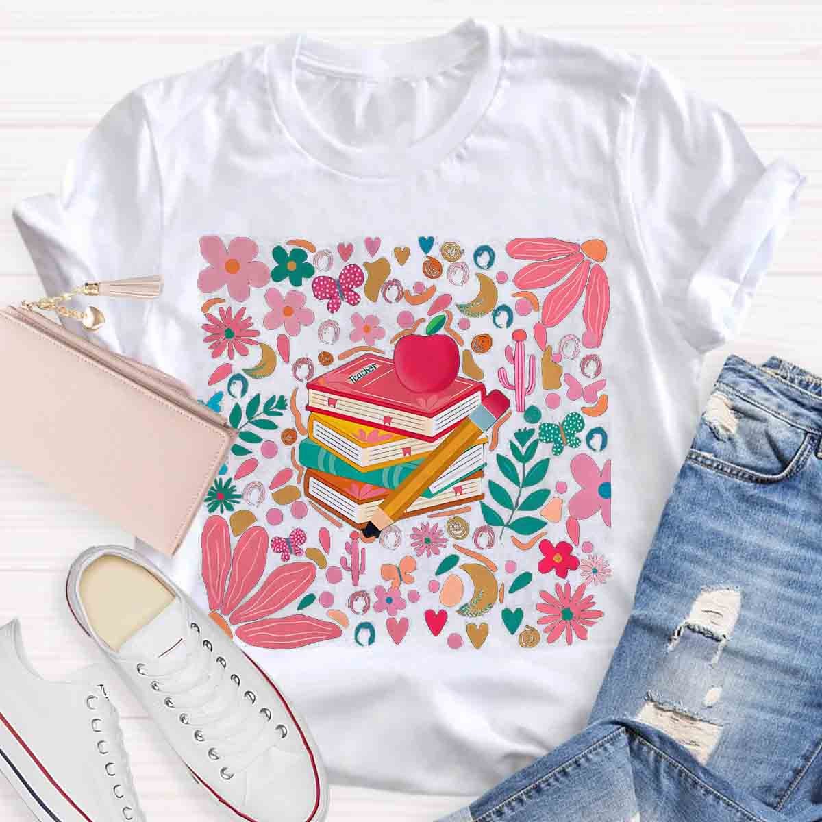 Pink School Teacher Floral T-Shirt