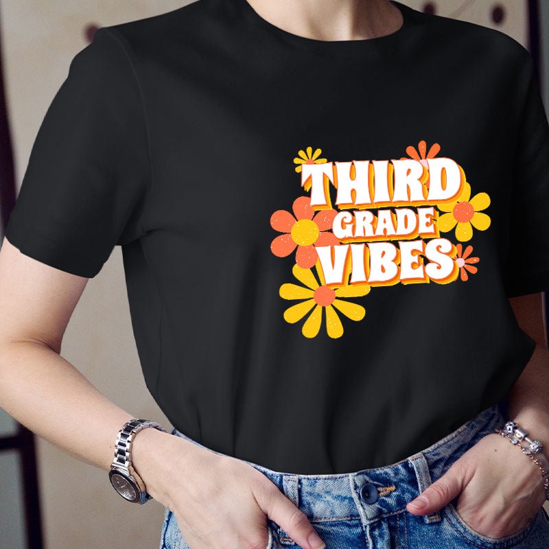 Personalized Third Grade Vibes Flowers Teacher T-Shirt