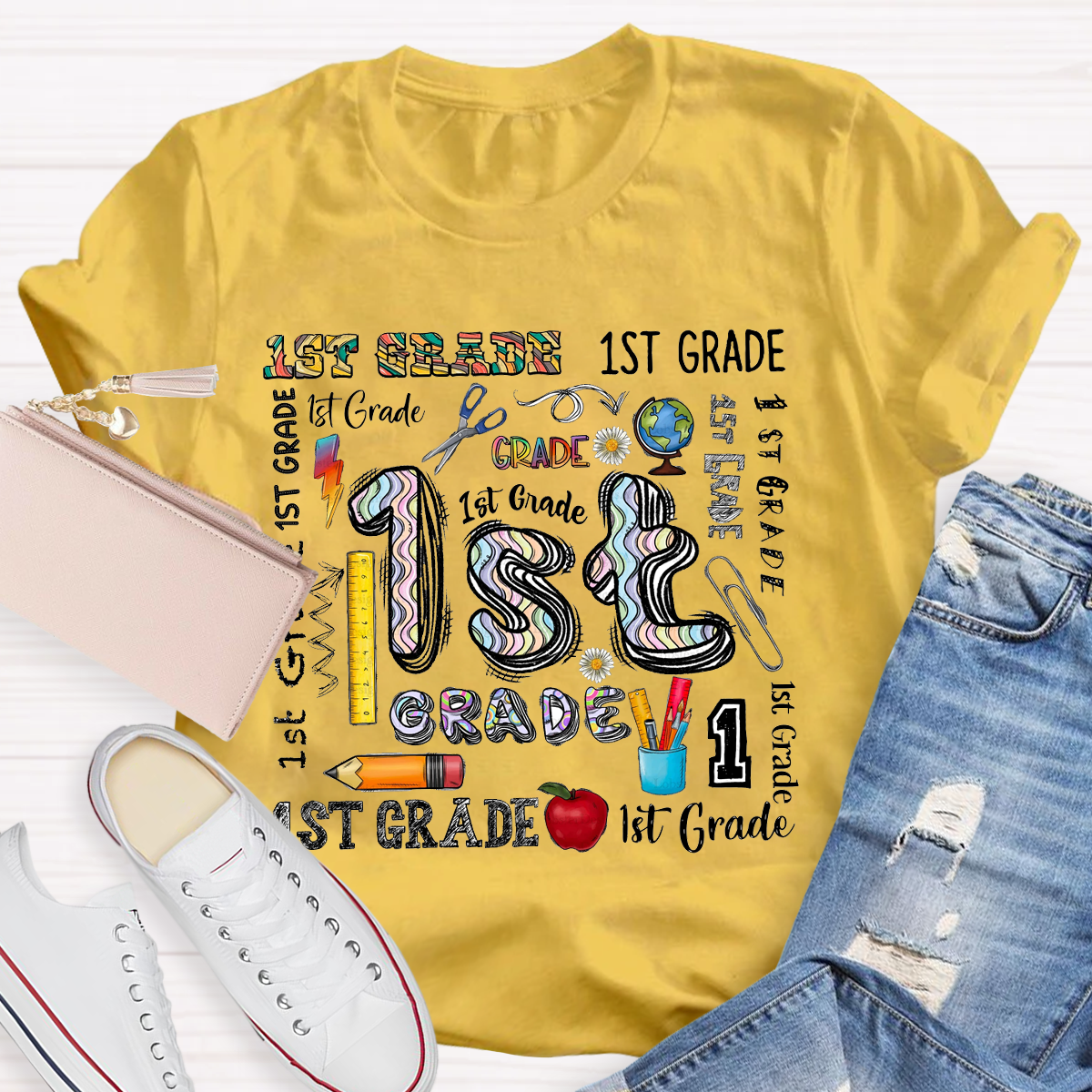 Personalized Grade School Supplies Icons Teacher T-Shirt