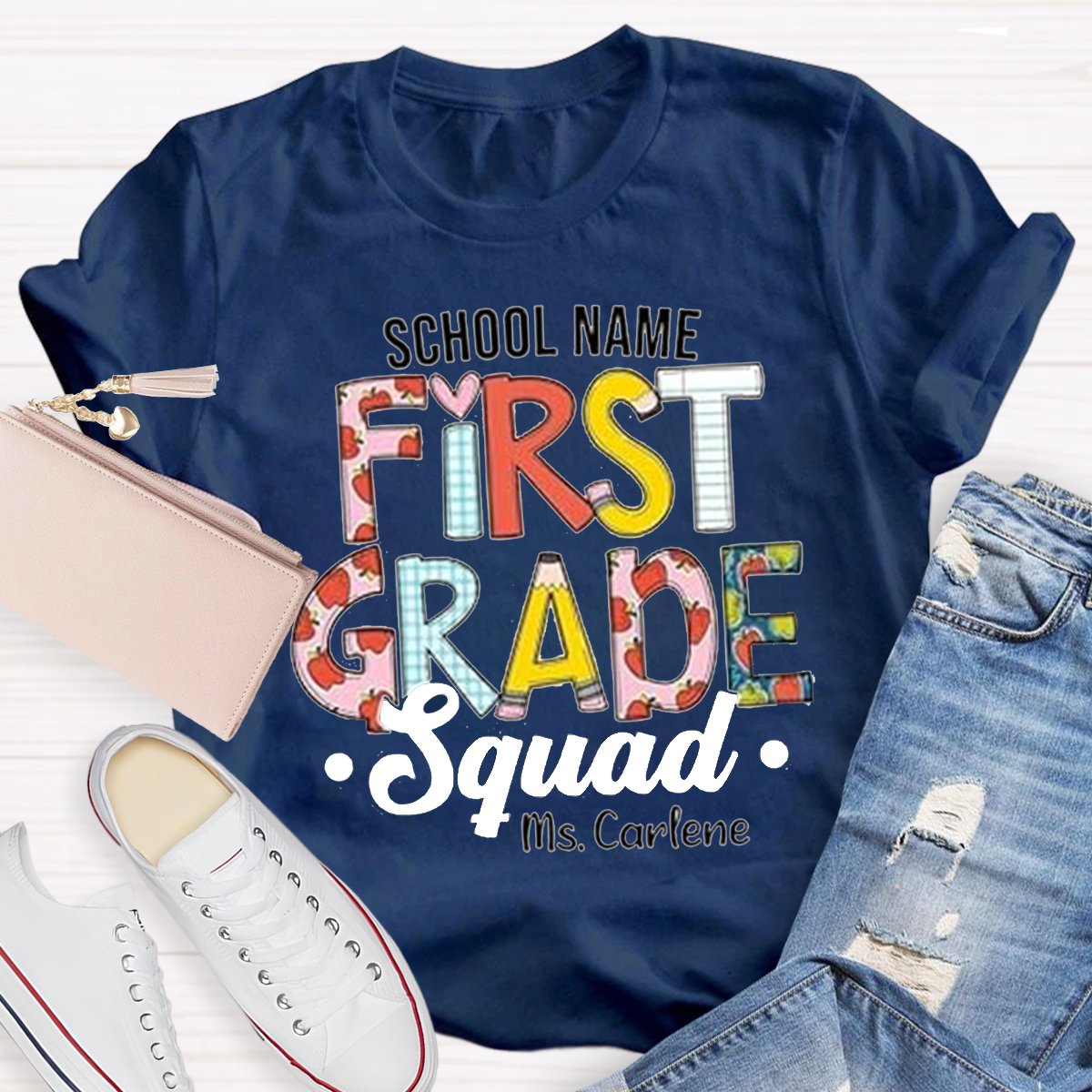 Personalized School Name And First Grade Teacher Shirt