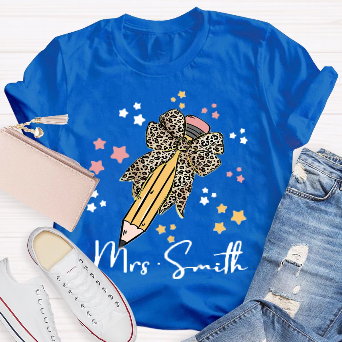 Personalized Name Leopard Bow Teacher Shirt