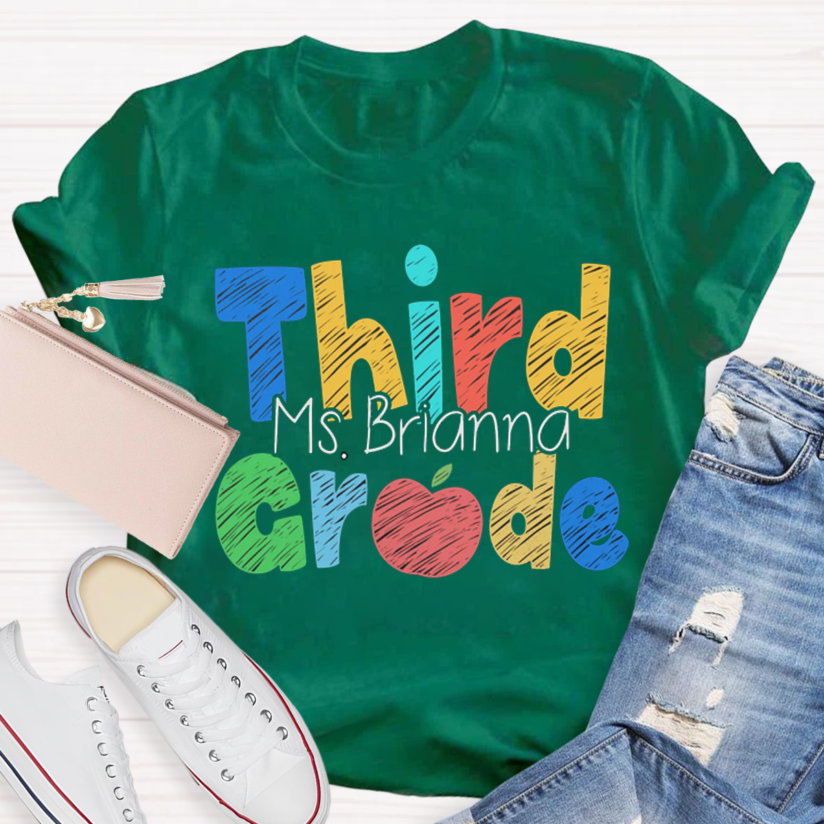 Personalize Grade Rainbow Apple Cute 4th Grade Teacher T-Shirt