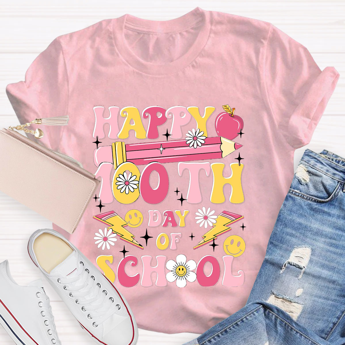 Happy 100 Days Of School Pink Pencil Teacher T-Shirt