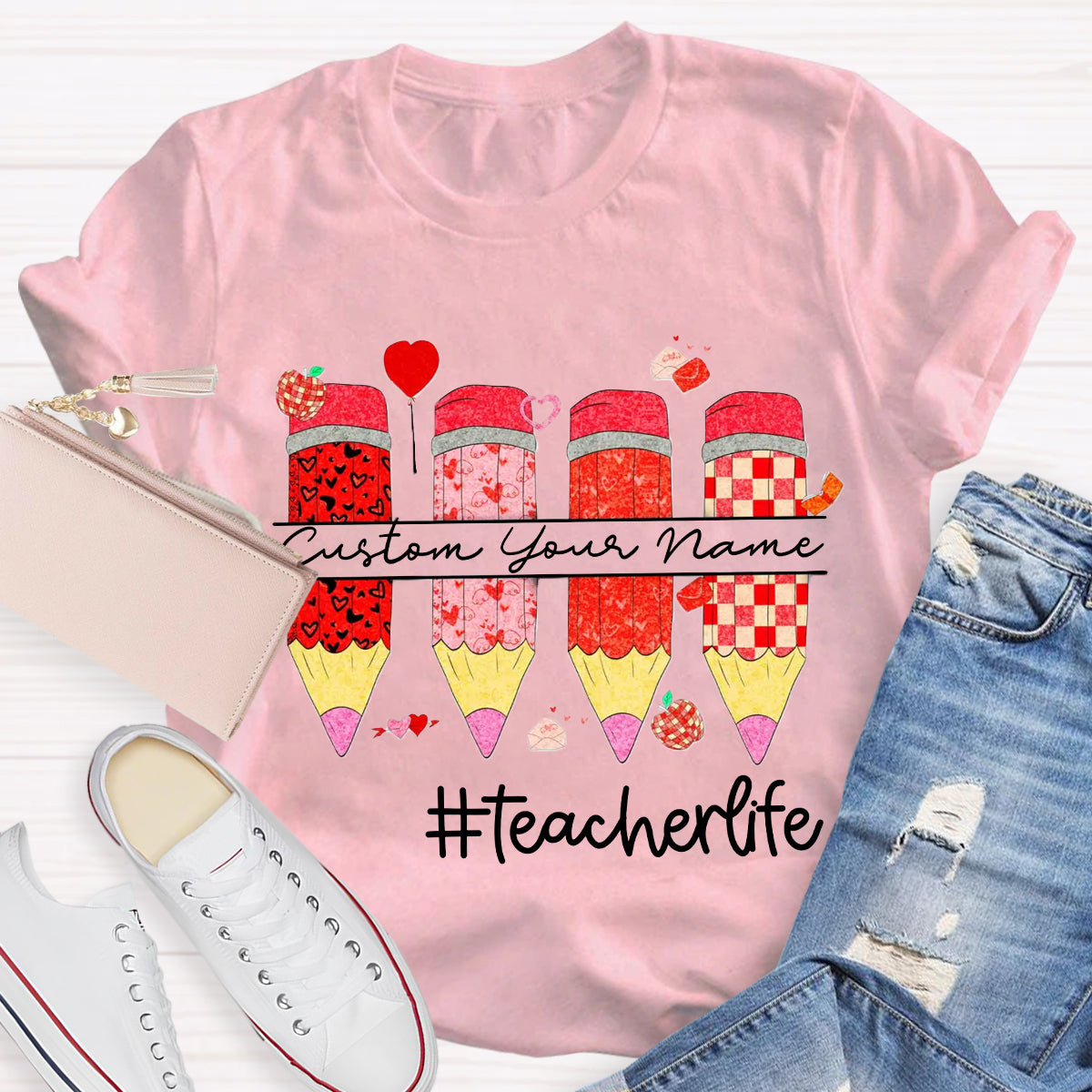 Personalized Name Red Pencil Teacher Life T-Shirt