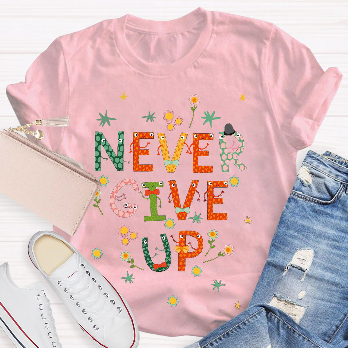 Cute Floral Never Give Up T-Shirt