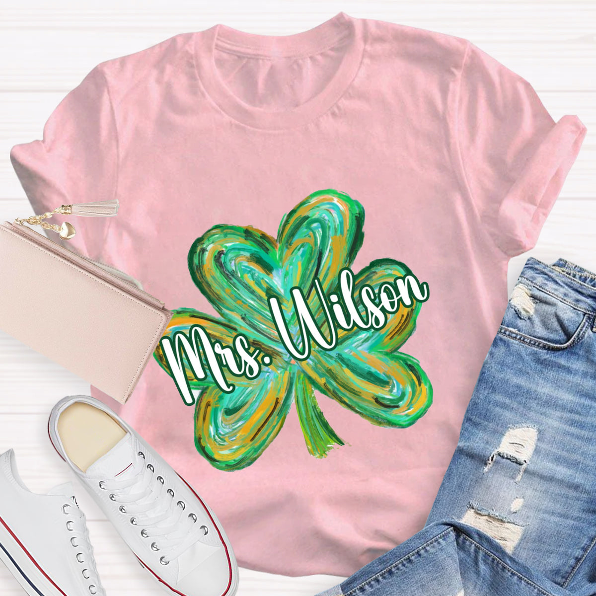 Personalized Name Colorful Shamrock Teacher T-Shirt