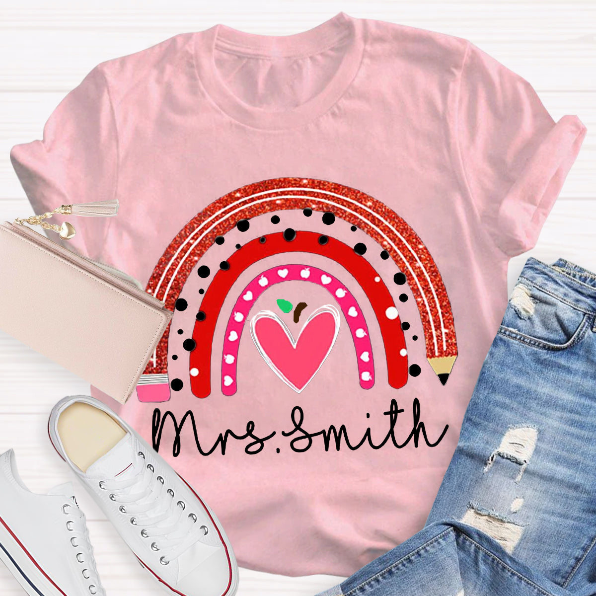 Personalized Name Rainbow Pencil Heart-Shaped Apple Teacher T-Shirt