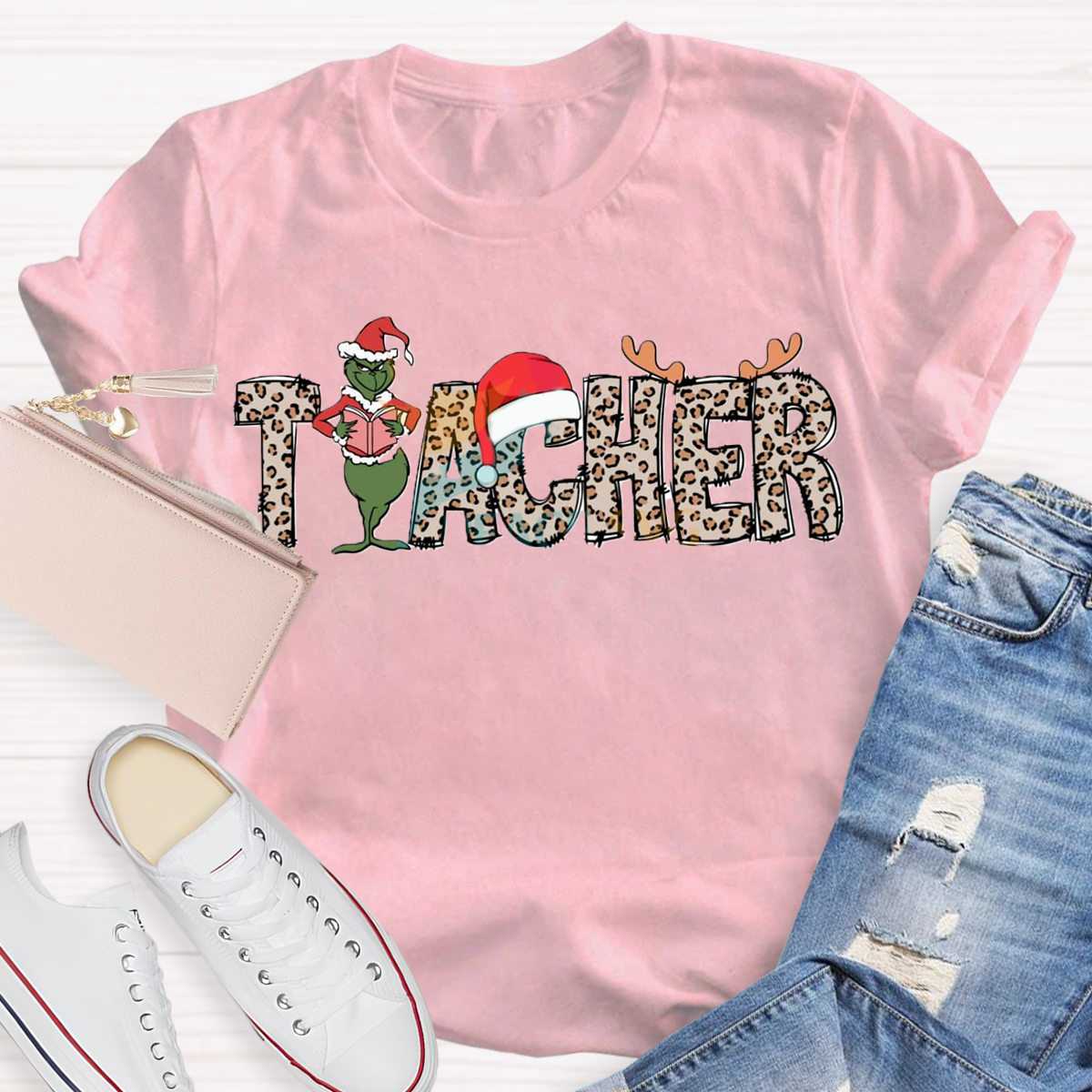 Christmas Leopard Teacher Grinch T-Shirt