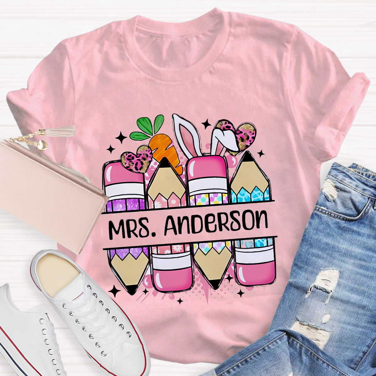 Personalized Name Cute Easter Pencils Teacher T-Shirt