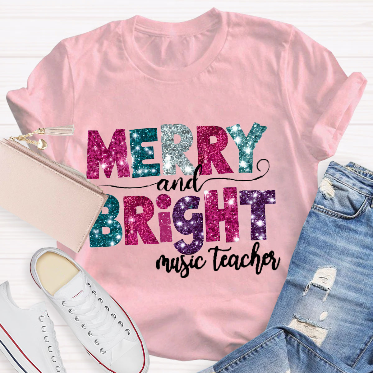 Personalized Subject Merry and Bright Teacher  T-Shirt