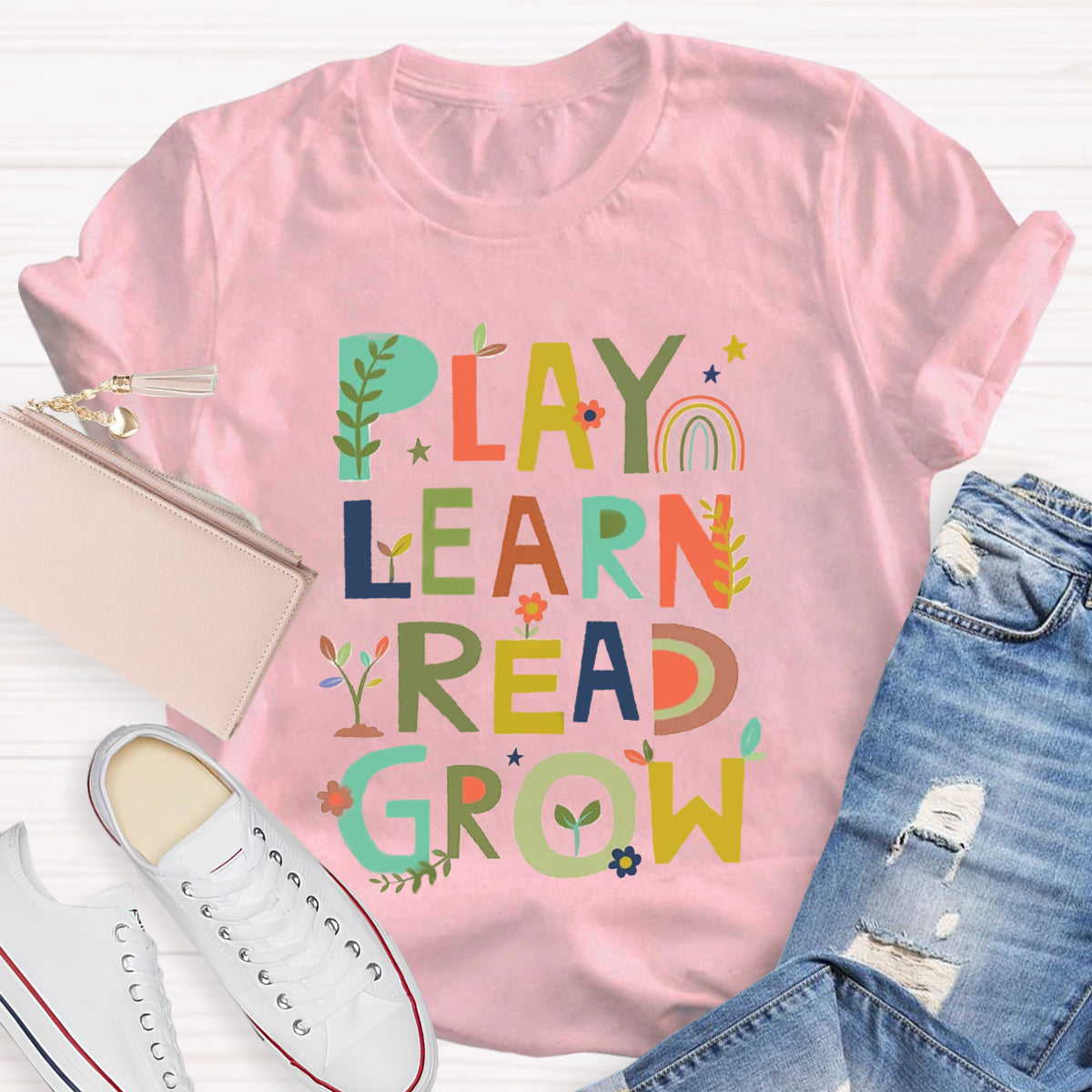 Play Learn Read Grow  Teacher T-Shirt