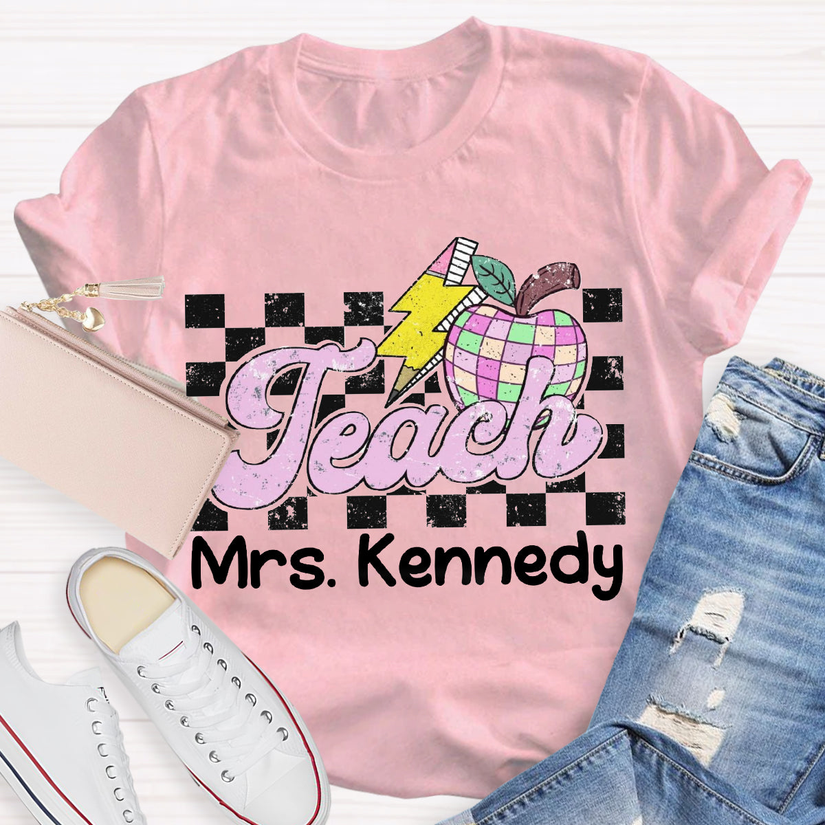 Personalized Teacher Name Retro Checkered Teacher T-Shirt